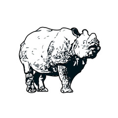 black and white sketch of a rhinoceros with transparent background