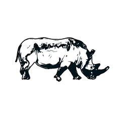 black and white sketch of a rhinoceros with transparent background