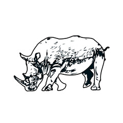 black and white sketch of a rhinoceros with transparent background