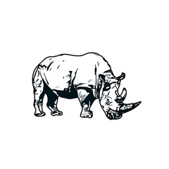 black and white sketch of a rhinoceros with transparent background