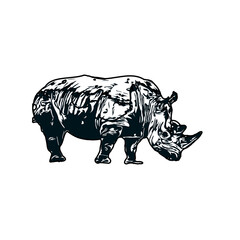 black and white sketch of a rhinoceros with transparent background