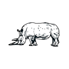 black and white sketch of a rhinoceros with transparent background