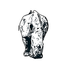 black and white sketch of a rhinoceros with transparent background