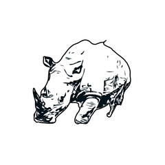 black and white sketch of a rhinoceros with transparent background