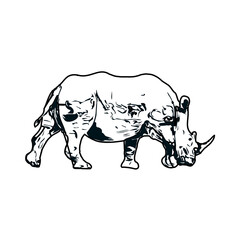 black and white sketch of a rhinoceros with transparent background