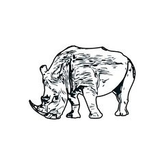 black and white sketch of a rhinoceros with transparent background
