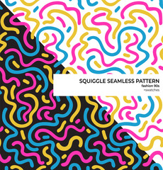90s style squiggle doodle seamless patterns set - obrazy, fototapety, plakaty