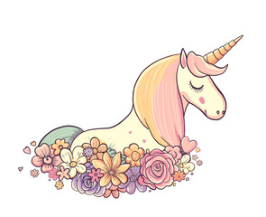 Cute unicorn in flowers. Beautiful cartoon character horse animal with magic horn. Vector illustration for unicorns design, birthday greeting card, baby shower design, invitation in pastel colors