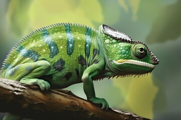 Image of side view of a green chameleon on a branch on natural background. Wild Animals. reptile, illustration. Generative AI.