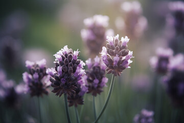 Lavender blooming in the fields closeup. Generative AI