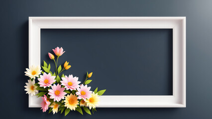 AI generated illustration of a white frame with flowers around and copyspace for your text or image