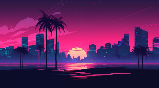 Retro vibe sunset on the vice city beach 80s style