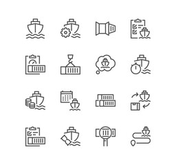 Set of logistics related icons, loading process, container, route, ship, container stacking and linear variety vectors.