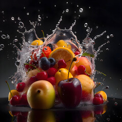 Fototapeta na wymiar Water splash with red apples and peach on black background. Fresh fruit