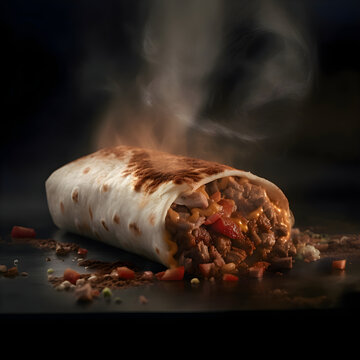 Burrito with meat and vegetables on a black background. Copy space.
