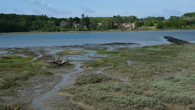4K Fixed Shot Auray River Estuary (Tidal Sea Arm) at Low Tide with Marshland and Coastline Morbihan
