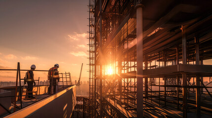 Fototapeta premium A building under construction at sunset by generative AI