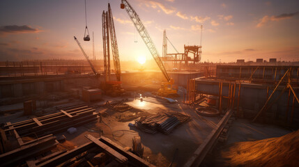A construction job site at sunset by generative AI