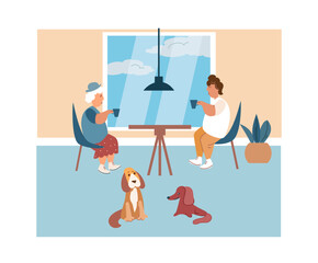 There are a lot of people, dogs and cats in the friendly pet cafe. Flat vector cartoon illustration.