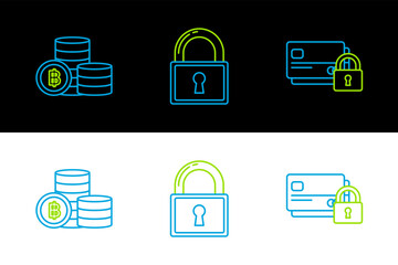 Set line Credit card with lock, Cryptocurrency coin Bitcoin and Lock icon. Vector