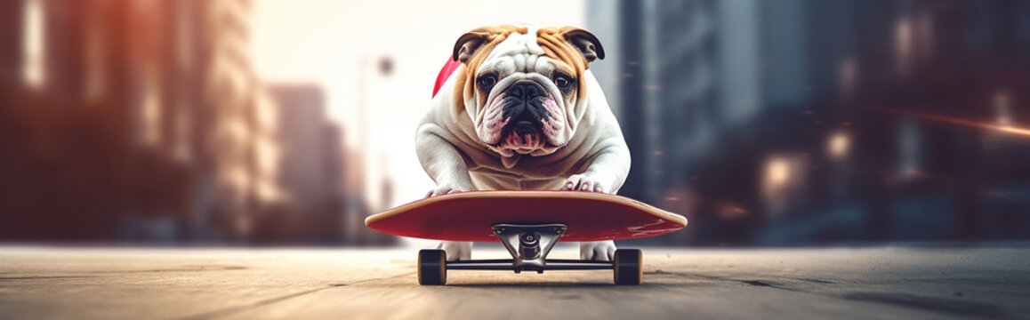 Generative AI image of a bulldog riding a skateboard