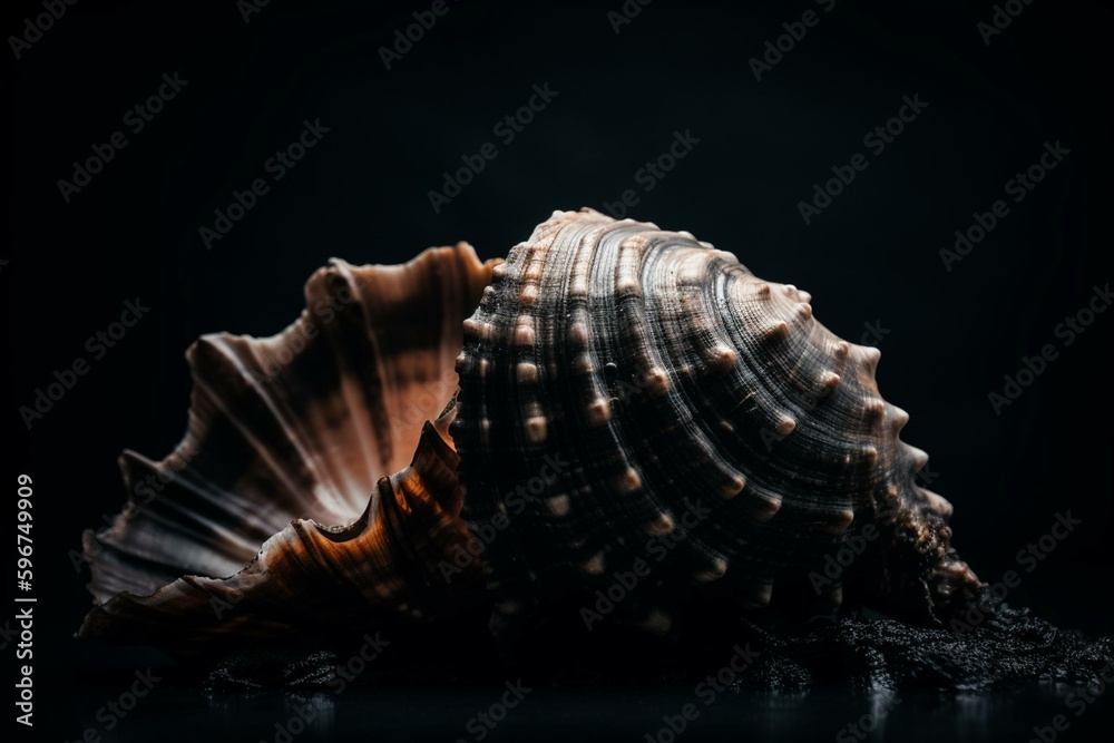 Wall mural Black background with a seashell. Generative AI - Wall murals
