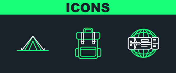 Set line Airline ticket, Tourist tent and Hiking backpack icon. Vector