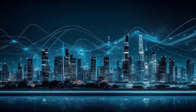 Skyline einer Stadt mit 5g Hotspots beleuchtet virtuell 3d Netzpolitik, Generative AI 