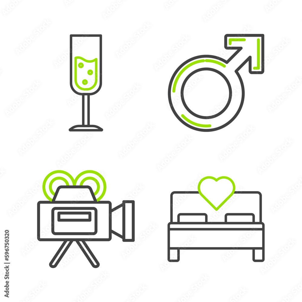 Sticker Set line Bedroom, Cinema camera, Male gender symbol and Glass of champagne icon. Vector