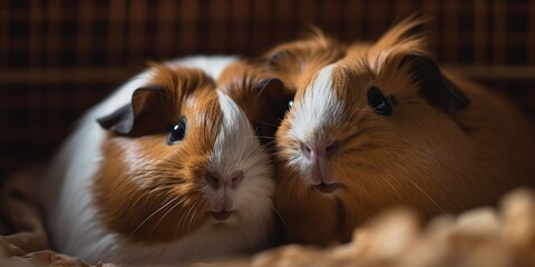 Fototapeta premium A pair of guinea pigs snuggling together in their cozy cage, concept of Cuddling mammals, created with Generative AI technology