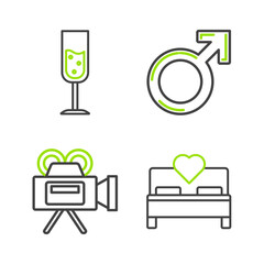 Set line Bedroom, Cinema camera, Male gender symbol and Glass of champagne icon. Vector