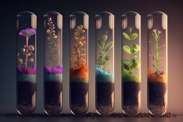 plant seeds grown in a test tube with the help of various growth media, created with generative ai