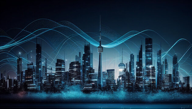 5g Netz &uuml;ber einer Stadt verteilt, Skyline, digital, Funkwellen Signale 3d, Generative AI 