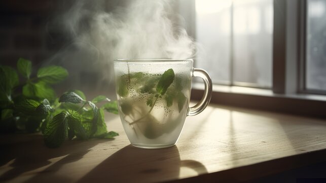 Peppermint Herbal Tea with Fresh Mint Leaves and a Strainer