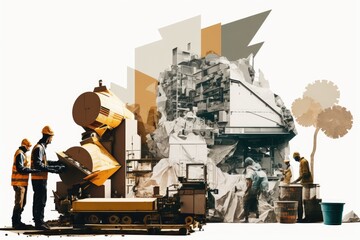 double exposure of paper recycling plant, with machinery and workers in the foreground, created with generative ai