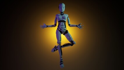 3d illustration of female robot artificial intelligence female robot fly pose with orange light backgorund. futuristic silhouette of humanoid
