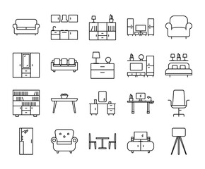 Set of furniture icon with editable stroke line. Home interior living room bedroom and office vector illustrations	