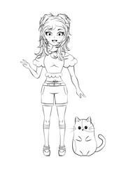 Coloring page. Cute anime girl with funny kitten