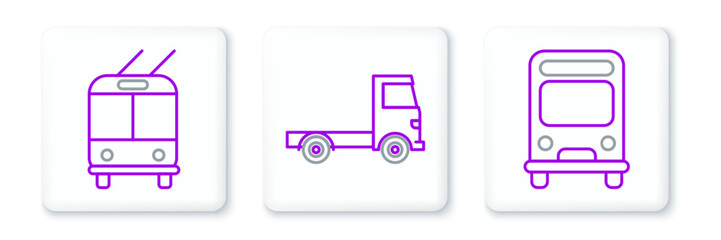 Set line Bus, Trolleybus and Delivery cargo truck vehicle icon. Vector