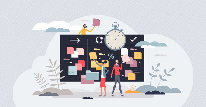 Agile project management for software development work tiny person concept. Process strategy and method for effective and productive programming and coding vector illustration. Continuous approach.