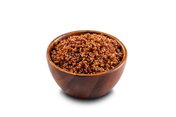 Cooked red quinoa bowl. 45 degrees studio shoot isolated on white background.