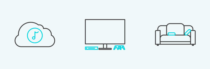 Set line Sofa, Music streaming service and Video game console icon. Vector