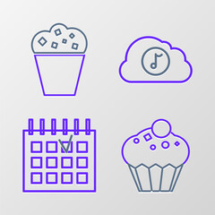 Set line Muffin, Detailed calendar, Music streaming service and Popcorn cardboard box icon. Vector