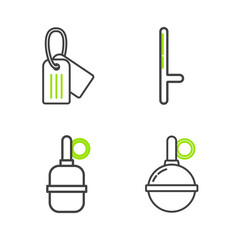 Set line Hand grenade, Police rubber baton and Military dog tag icon. Vector