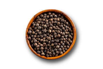 Black pepper seeds bowl. Up view studio shoot on white background.