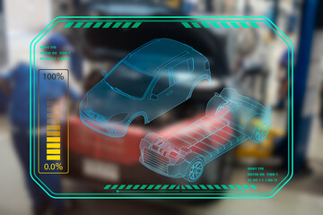 Car engine checks with hologram in dashboard interface on blurry repairman in garage. The concept of engine service hologram communication. Creative automobile, charging, and futuristic technology.