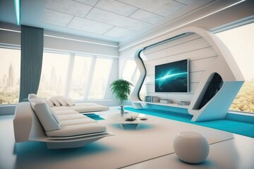 Fototapeta na wymiar futuristic living room with sleek, minimalist design, floating furniture and holographic projection, created with generative ai