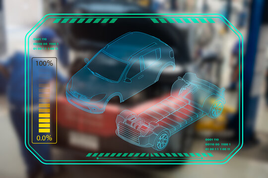 Car engine checks with hologram in dashboard interface on blurry repairman in garage. The concept of engine service hologram communication. Creative automobile, charging, and futuristic technology.