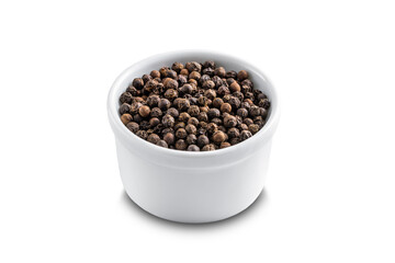 Black pepper seeds bowl. 45 degrees studio shoot on white background.