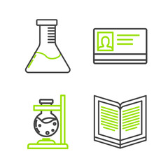 Set line Open book, Glass test tube flask on fire, Identification badge and Test and chemical laboratory icon. Vector